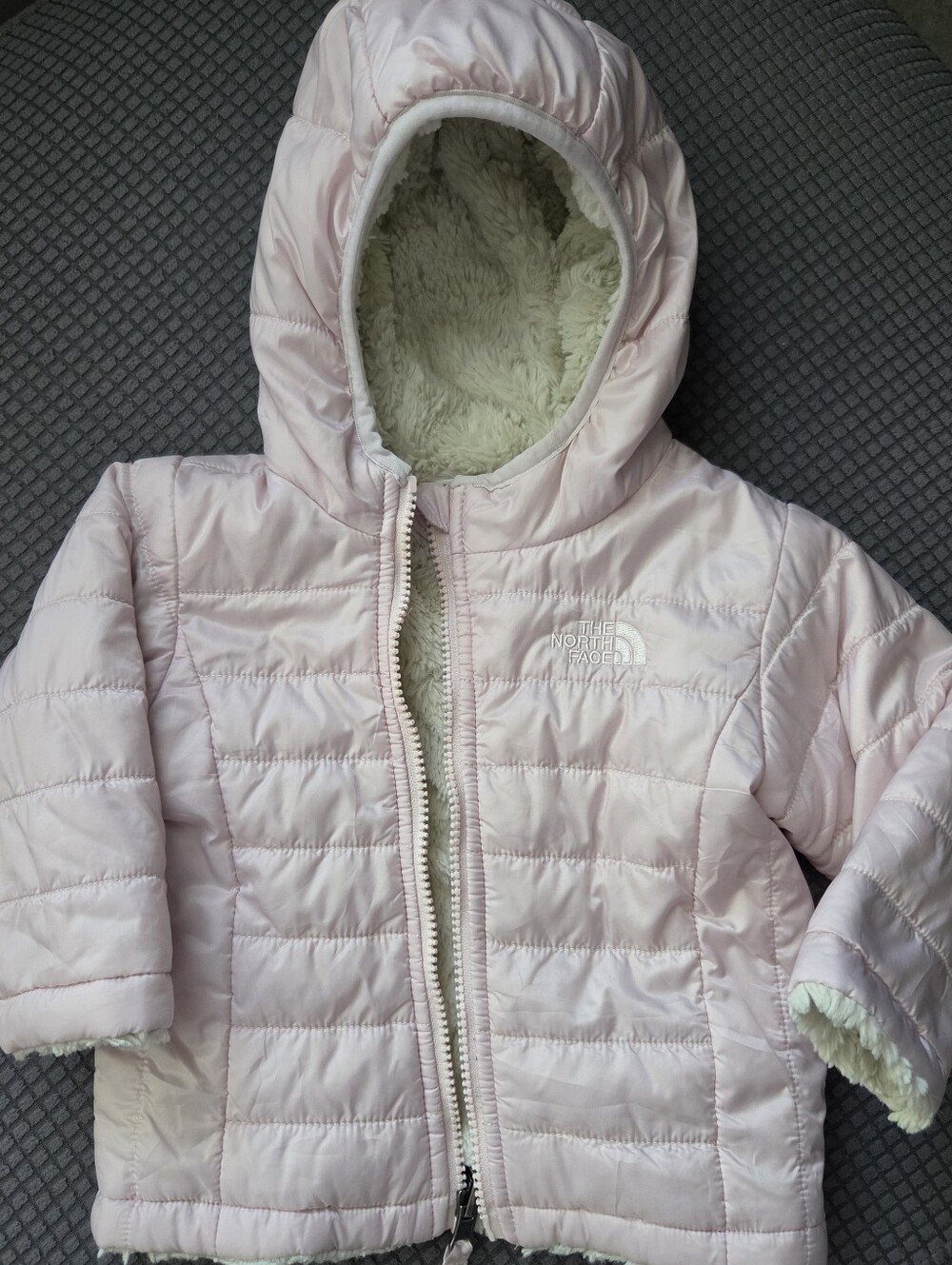 The North Face Girls' Light Pink Reversible Puffer Jacket with Hood 6-12M